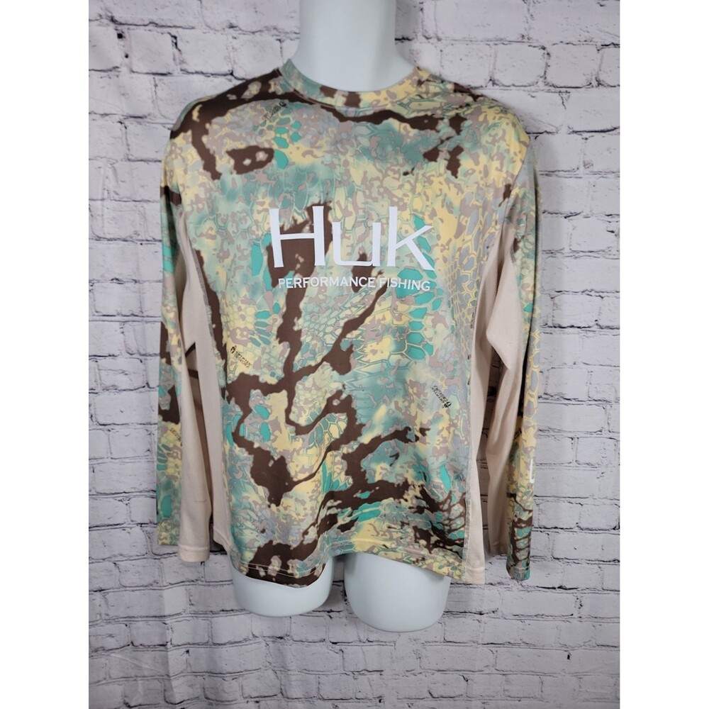Huk Performance Fishing Shirt Mens Med Beige Camo Kryptek Obskura Long Sleeve